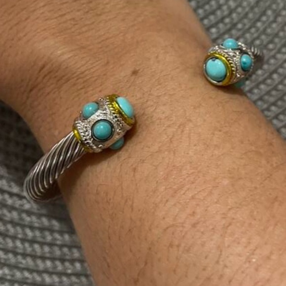 Designer Inspired Turquoise Stone Beads Tips Silver Cable Cuff Twist Bracelet - Picture 7 of 11